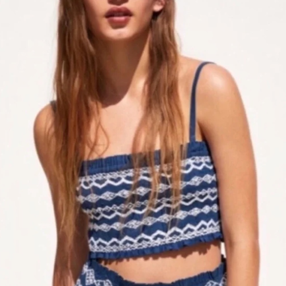 Zara Blue White Embroidery Bandeau (no straps) size m